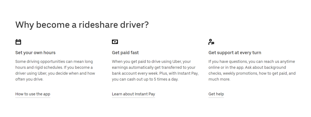 Uber's high-converting landing page features and benefits