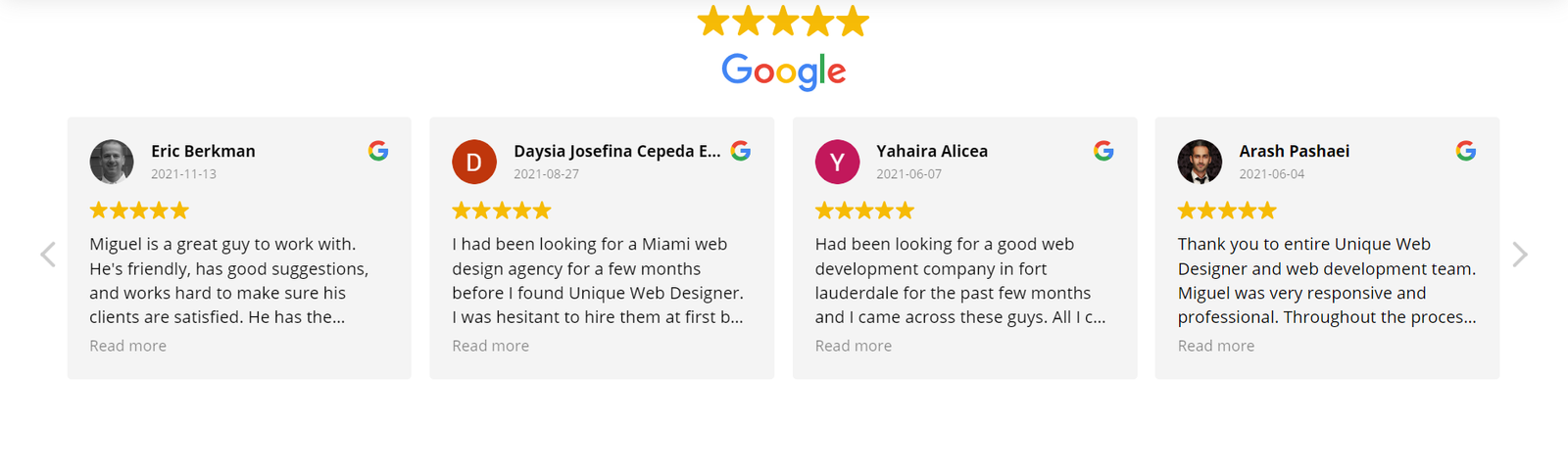 Google testimonials on our website